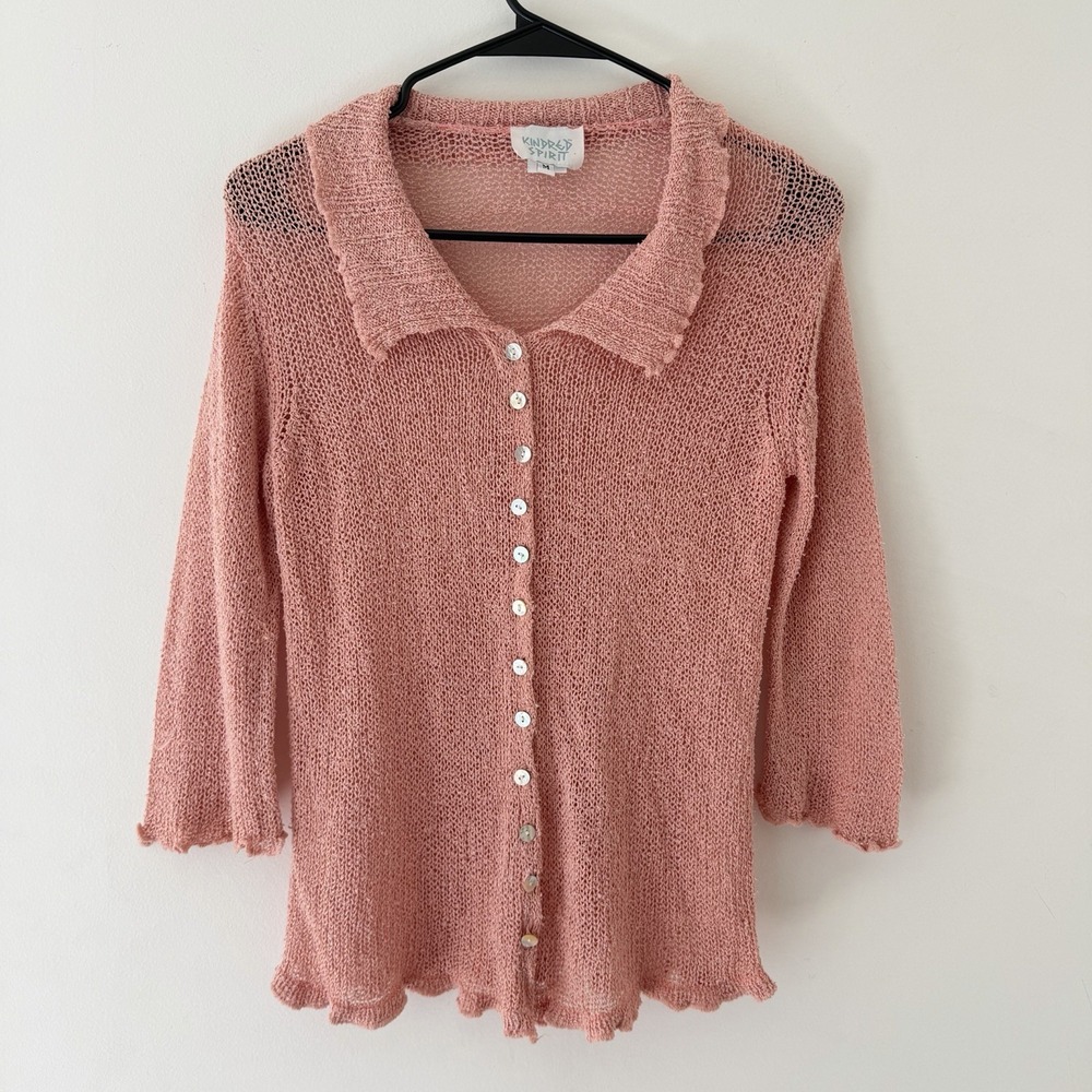 Y2K Pink Open Knit‎ Cardigan M Collared Crochet Coquette Fairy Lettuce Hem Top